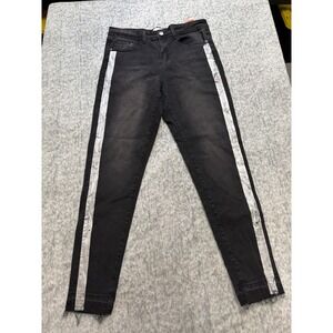 Bongo Womens Skinny Jeans Black Silver Metallic Side Stripe Raw Hem Size 12